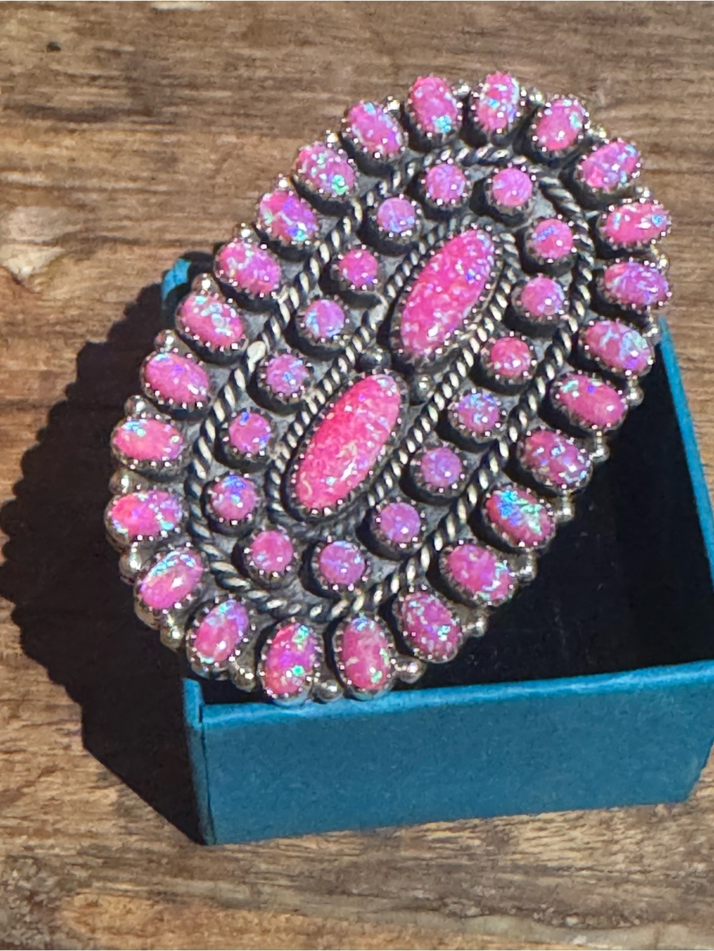 Hot Pink opal oval concho cluster large statement Sterling silver ring - Picture 3 of 9